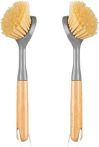 2 Pack Dish Brushes with Bamboo Handle, Kitchen Dish Scrubber Built-in Scraper by FunCee