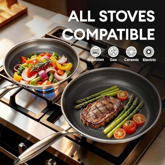 COOKER KING 12-Inch Stainless Steel Pan, Hybrid Nonstick Frying Pan, 3-Ply Clad - Image 2