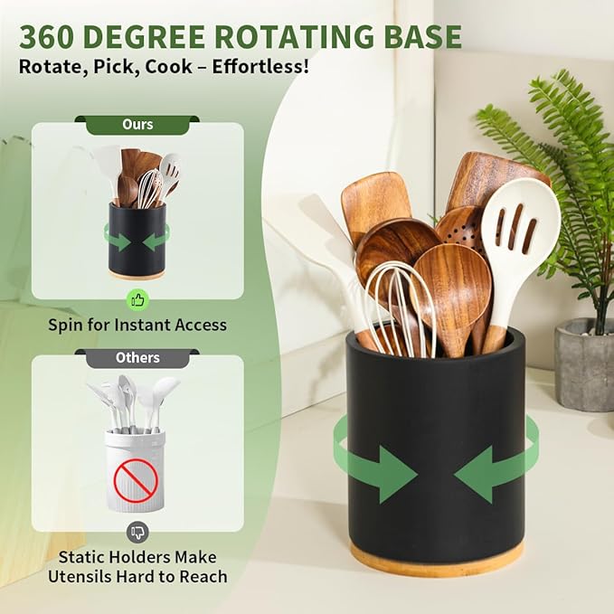 Wooden Utensil Holder, 360°Rotating 7.3'' Large Utensil Holder - Image 3