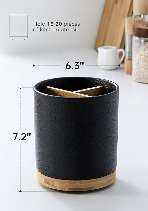 LoeJan 3 Compartment Utensil Holder, Extra Large Utensil Crock, Stable Ceramic - Image 2