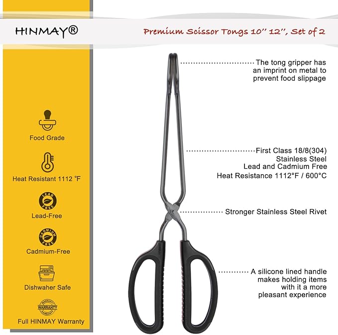 HINMAY Stainless Steel Kitchen Tongs 10" and 12" Set, Comfortable Grip Scissor - Image 2