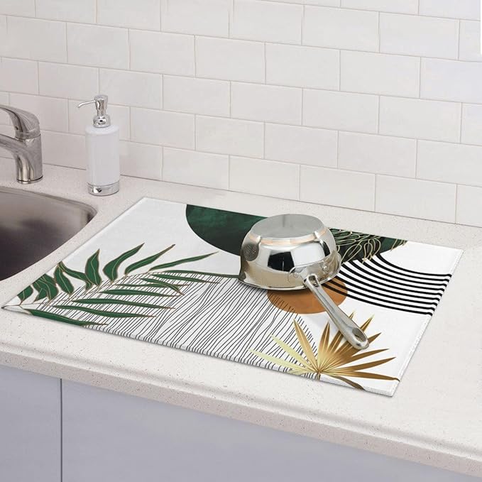Mid Century Dish Drying Mat 18x24 Inch Boho Green Gold Tropical Leaf Sunset - Image 3