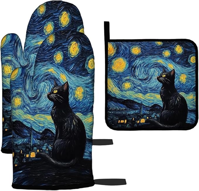 LOKMU Oven Mitts and Pot Holders Set of 3, Starry Night and Black Cat Heat by LOKMU