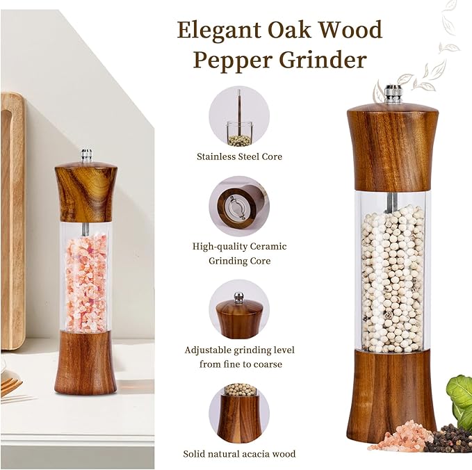 XWXO Acacia Wood Premium Acrylic Salt and Pepper Grinder Set 8 Inches Salt and - Image 3