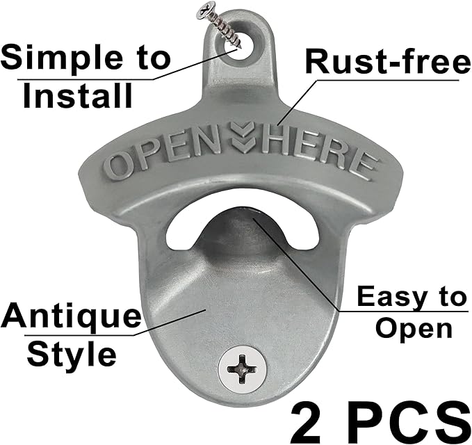 Old Style Wall Mounted Bottle Opener, Rustic Silver Rustproof Screw in Wall - Image 2