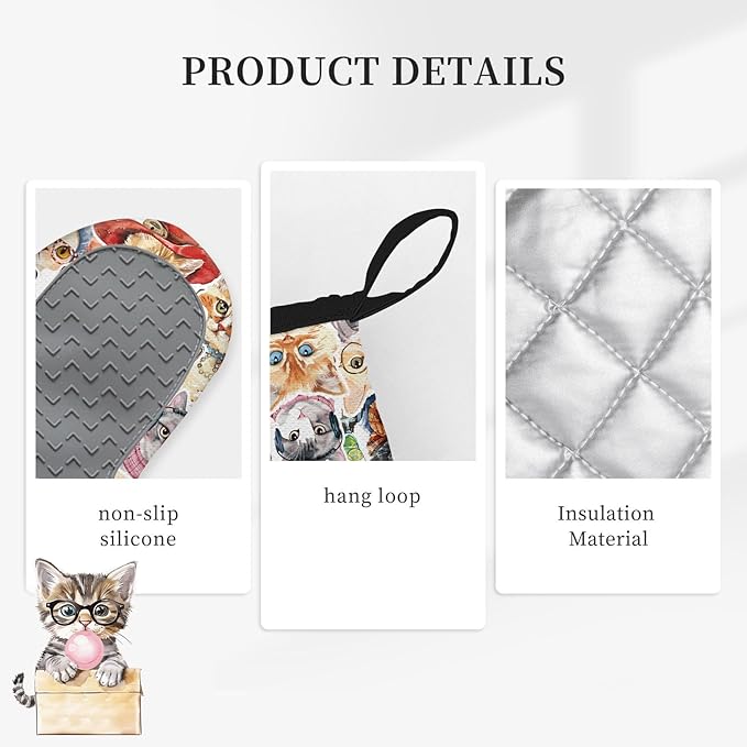 Cute Cat Oven Mitts and Pot Holders Sets 3PCS, Cat Silicone Heat Resistant Oven - Image 3