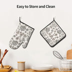 Vintage Flowers Oven Mitts and Pot Holders Sets Boho Kitchen Gloves White Grey - Image 6