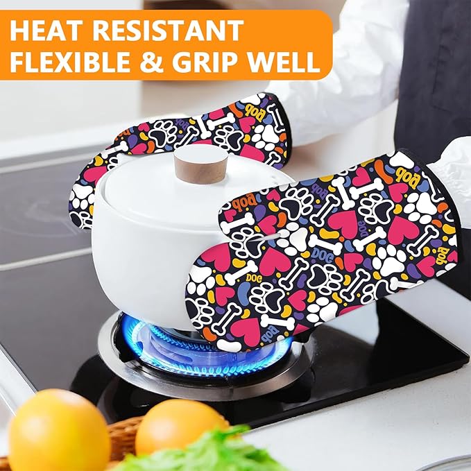 Paw Prints Oven Mitts and Pot Holders Sets 4Pcs, Extra Long Oven Gloves - Image 6