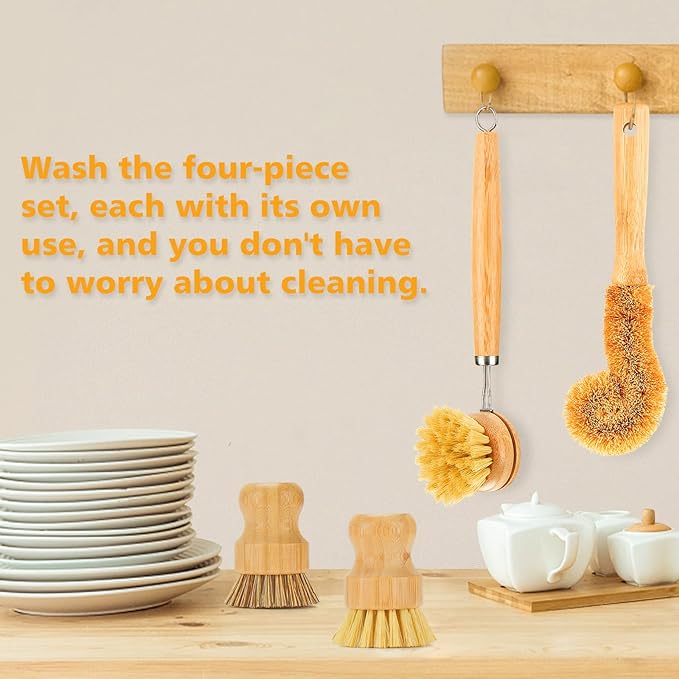 SAMEBUTECO Bamboo Dish Brushes Sets 4 Tools in One Kitchen Clean Dish Scrubber - Image 5