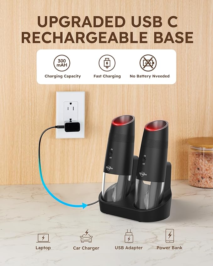 Sangcon Gravity Electric Salt and Pepper Grinder Set RECHARGEABLE, Automatic - Image 3