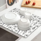 Black and White Floral Aesthetics Dish Drying Mat, - Image 2