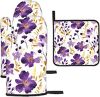 Spring Purple and Gold Floral Oven Mitts and Pot Holders Sets of 3, Non-Slip by Unknown
