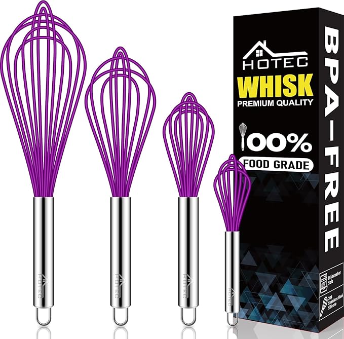 HOTEC 4 Pieces Silicone Whisks Set, Wire Balloon Whisks Egg Beater, Non-slip by Hotec