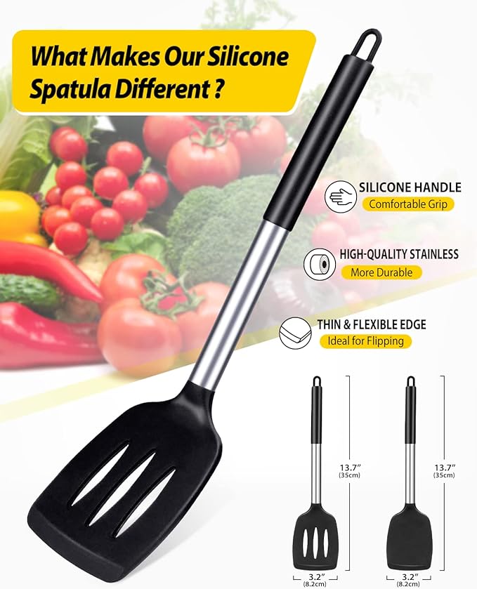 Pack of 2 Silicone Solid Turner, Non Stick Slotted Kitchen Spatulas, High Heat - Image 2