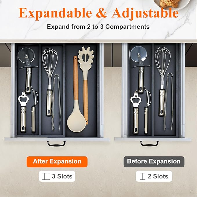 Bamboo Kitchen Tool Drawer Organizer Storage Black Cutlery Tray Expandable - Image 4