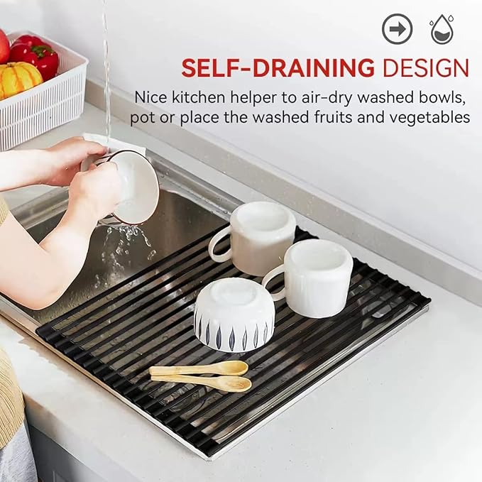MERRYBOX 20.5" x 13" Roll Up Dish Drying Rack Silicone Wrapped Over The Sink - Image 8