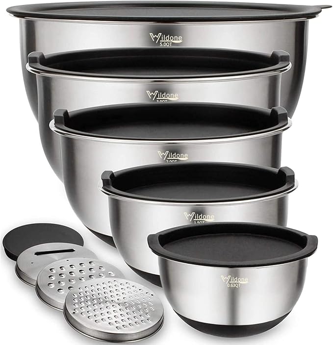 Wildone Mixing Bowls with Airtight Lids Set, with Grater Attachments & Non-Slip by Wildone