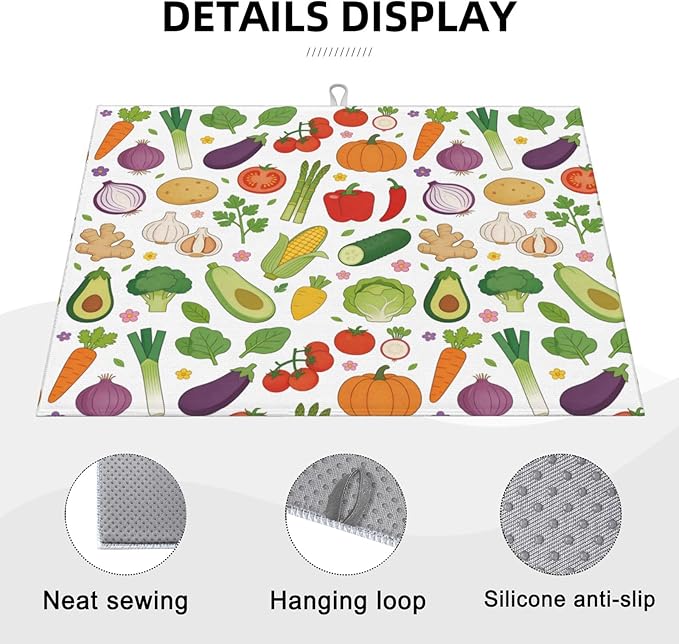 Vegetables Dish Drying Mat, for Farmhouse Kitchen Counter Microfiber Absorbent - Image 3