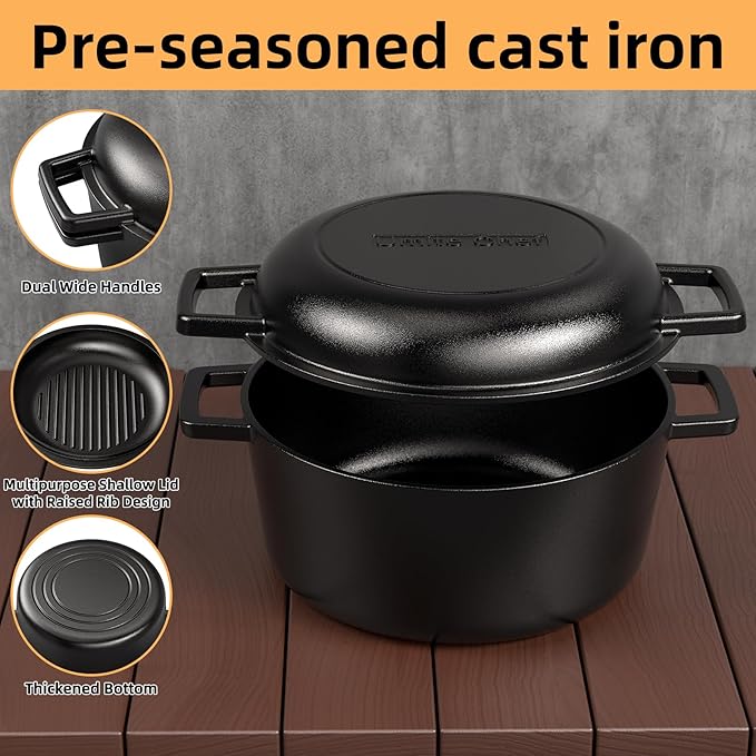 2-in-1 Pre-Seasoned Cast Iron Double Dutch Oven Pot - Image 8