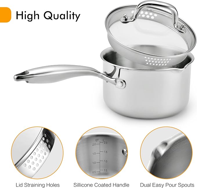 Stainless Steel Saucepan with Glass Lid, 2.0 Quart Multipurpose Sauce Pan - Image 2
