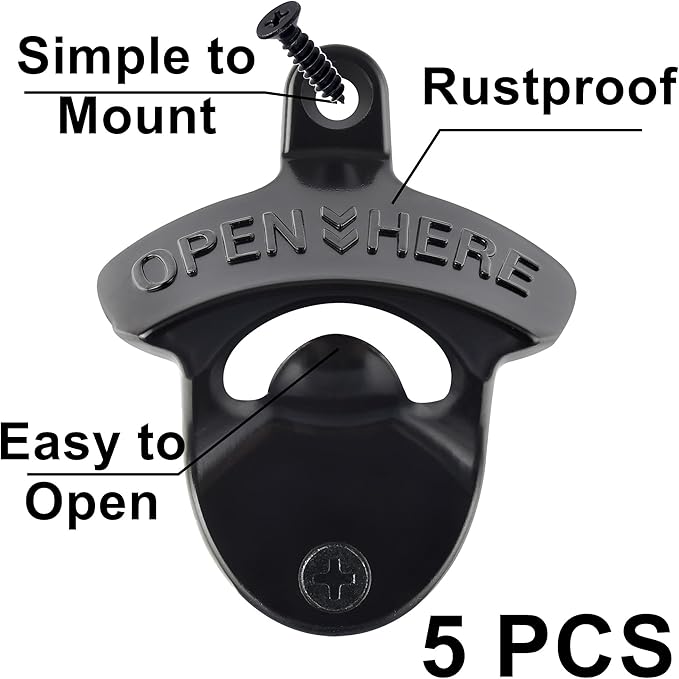 Black Bottle Top Opener Wall Mounted, Classic Open Here Beer Opener Mountable - Image 2