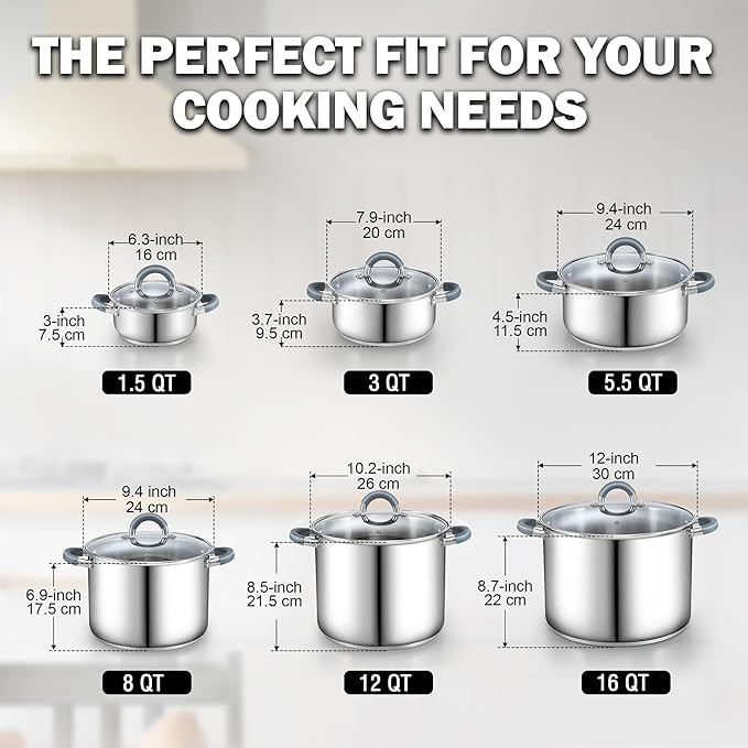 Cook N Home Stockpot with Lid, 8-Quart Basic Stainless Steel Pasta Cooking Soup - Image 2