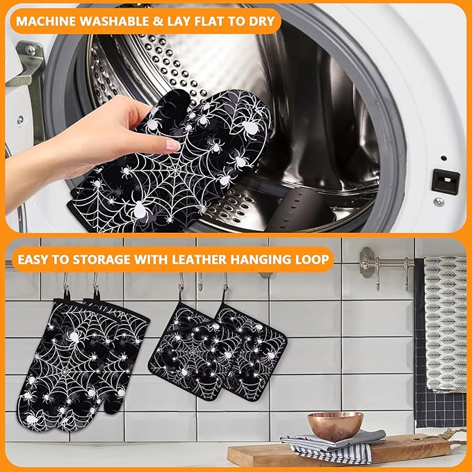 Spider Web Oven Mitts and Pot Holders Sets 4Pcs, Extra Long Oven Gloves - Image 5