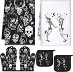 Leinuosen 6 Pcs Skull Kitchen Decor Set Kitchen Towels Gothic Oven Mitts and by Leinuosen