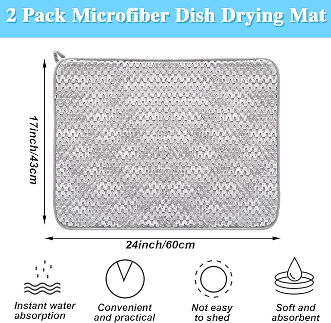 2 Pack Microfiber Dish Drying Mat, 24*17 inch Absorbent Dish Drainer Kitchen - Image 2