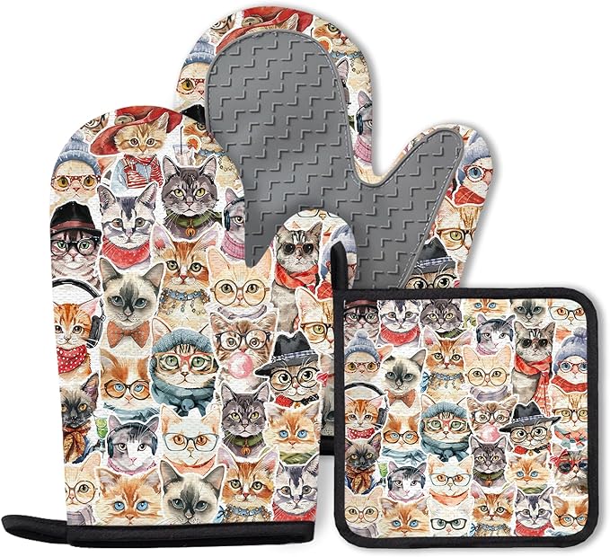 Cute Cat Oven Mitts and Pot Holders Sets 3PCS, Cat Silicone Heat Resistant Oven by Unknown