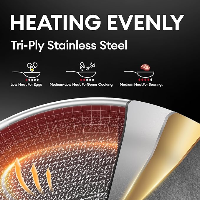 COOKER KING 12-Inch Stainless Steel Pan, Hybrid Nonstick Frying Pan, 3-Ply Clad - Image 3