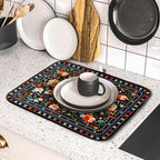Black Flowers Dish Drying Pad Boho Floral Washable Microfiber Kitchen Mat - Image 5