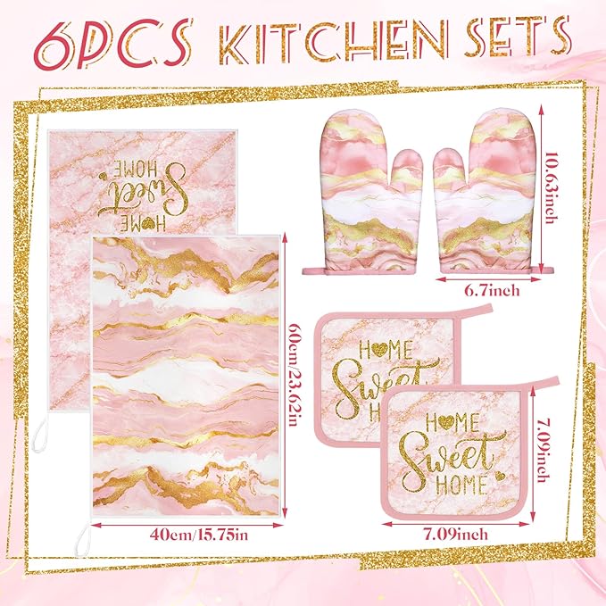 Bencailor Light Pink 6 Pcs Marble Kitchen Decor Gold Pot Holders Oven Mitts 2 - Image 3
