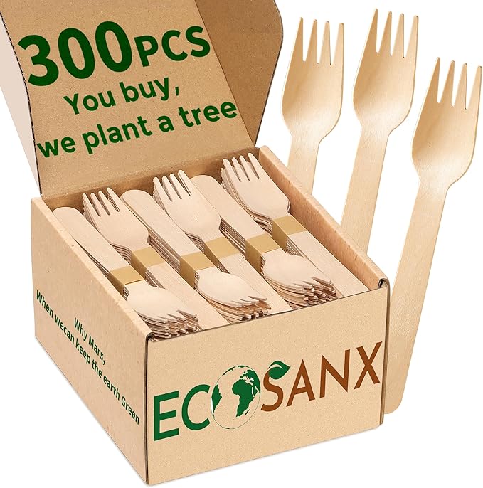 ECOSANX® 300 PCs Wooden forks for eating 6.5" Splinter Free Compostable Forks by ECOSANX