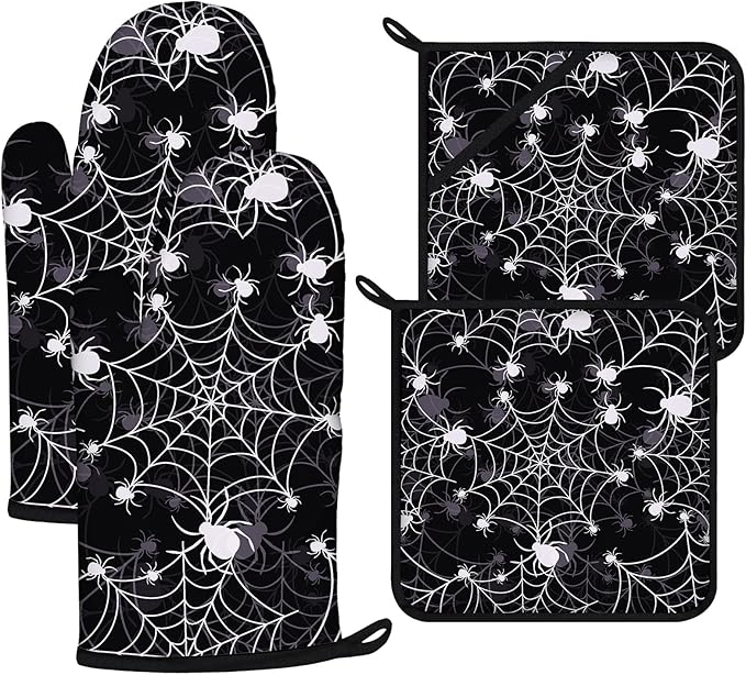 Spider Web Oven Mitts and Pot Holders Sets 4Pcs, Extra Long Oven Gloves by VisittheDuibelproduct