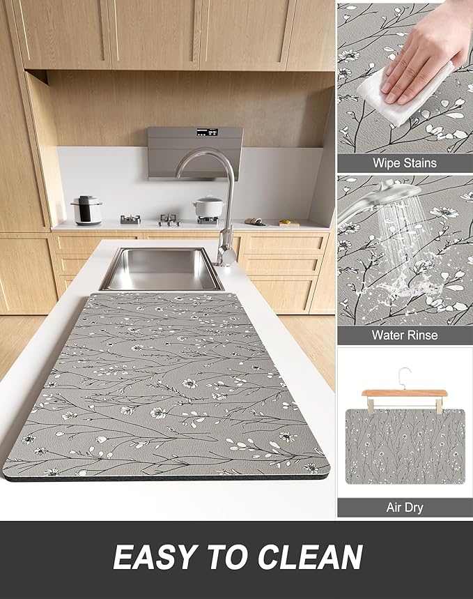 Rnivvi Dish Drying Mat for Kitchen Counter, 12 x 19" Cute Flower Theme Super - Image 6