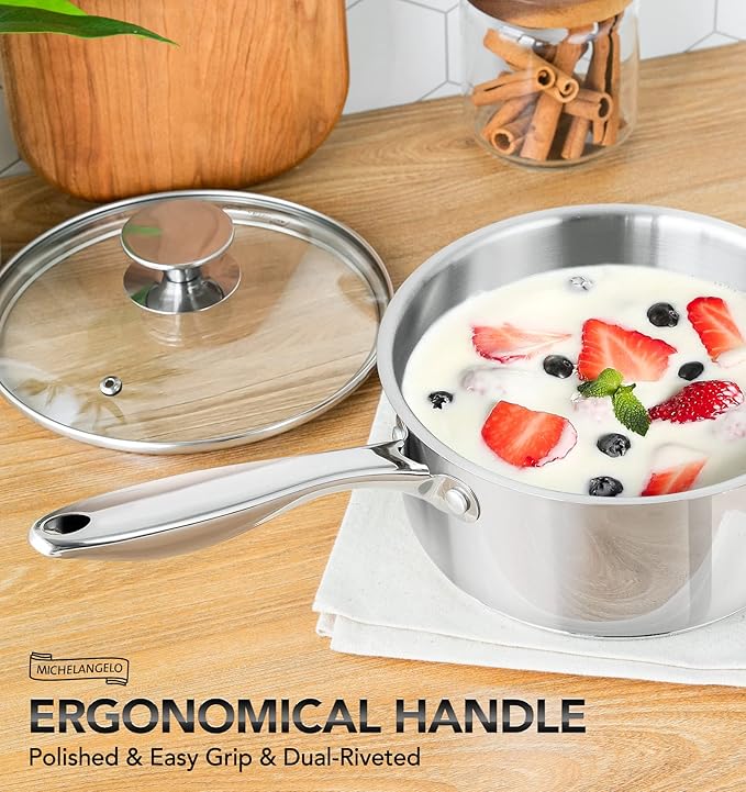 MICHELANGELO 1Qt & 2Qt Tri-ply Stainless Steel Saucepan Set, Small Cooking Pots - Image 5