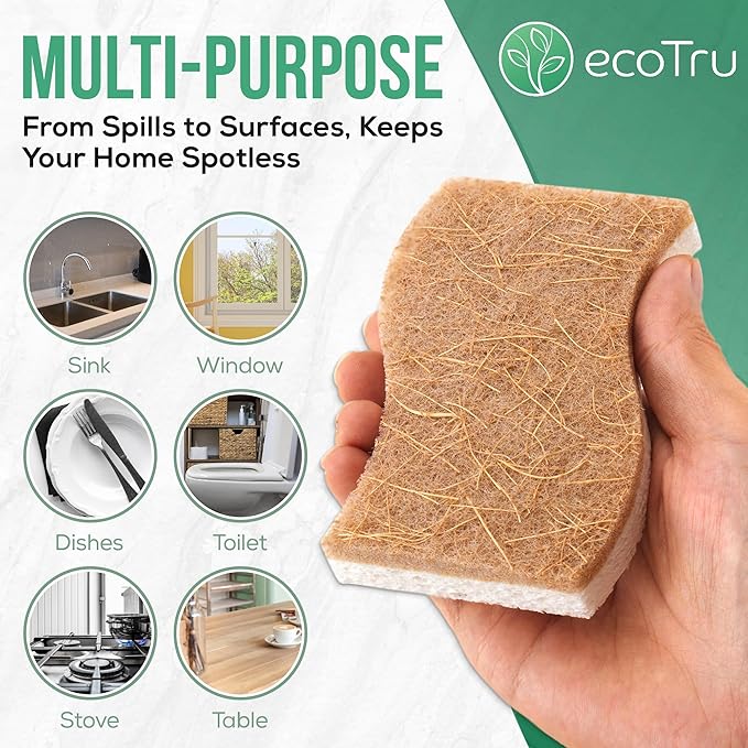 12 Pack Natural Kitchen Sponges, Compostable White Cellulose & Organic Coconut - Image 9